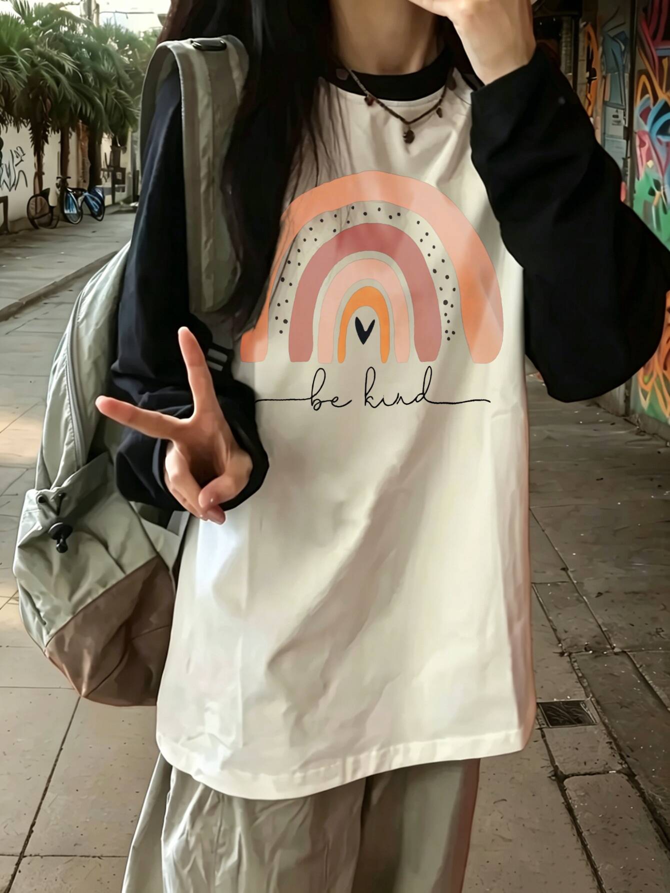 Tee Graphic Print - harajuku vintage Casual Rainbow Print Long